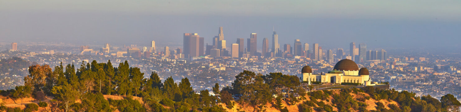 Panorama Griffith Observatory and Downtown Los Angeles Skyline at Golden Hour