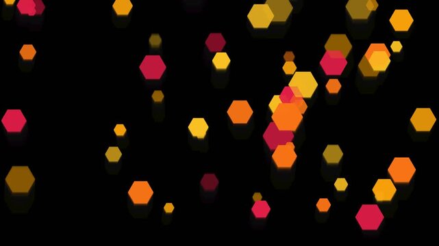 Abstract background with floating yellow and red hexagon shapes on a dark black surface