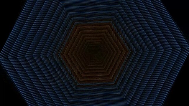 Abstract dark blue geometric hexagon shapes forming a tunnel pattern on a black background