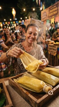 A smiling woman enthusiastically presents a traditional tamale, wrapped in corn husk, at an outdoor festive market, with blurred figures and string lights in the background creating a vibrant.