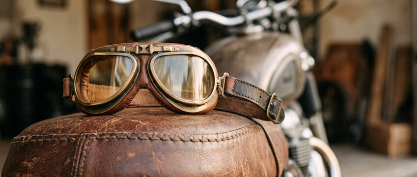 Vintage motorcycle goggles resting on a leather seat with classic bike in garage. Biker lifestyle, riding gear, retro adventure, freedom and custom motorcycle culture.