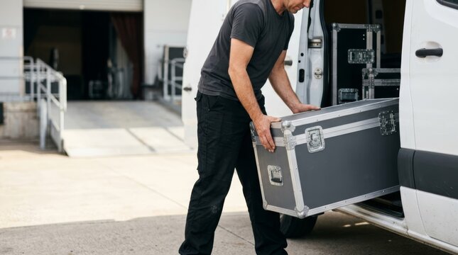 Stagehand loading large equipment case into a cargo van at a venue backstage loading dock, bright daylight reportage style
