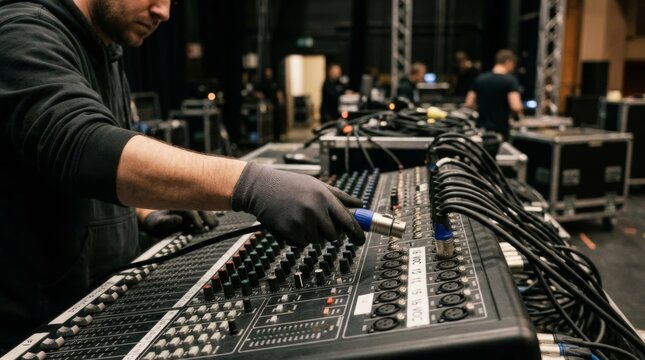 Stagehand disconnecting audio cables from mixing console backstage after concert, event setup and teardown