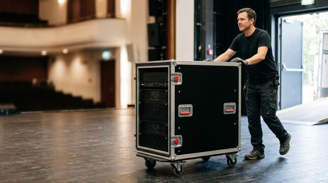 Stagehand pushing flight case with amplifiers on wheeled cart in empty theater backstage