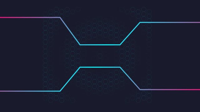 Abstract dark background with glowing neon blue and pink lines forming a center connection shape with a subtle geometric pattern behind it for modern technology digital design