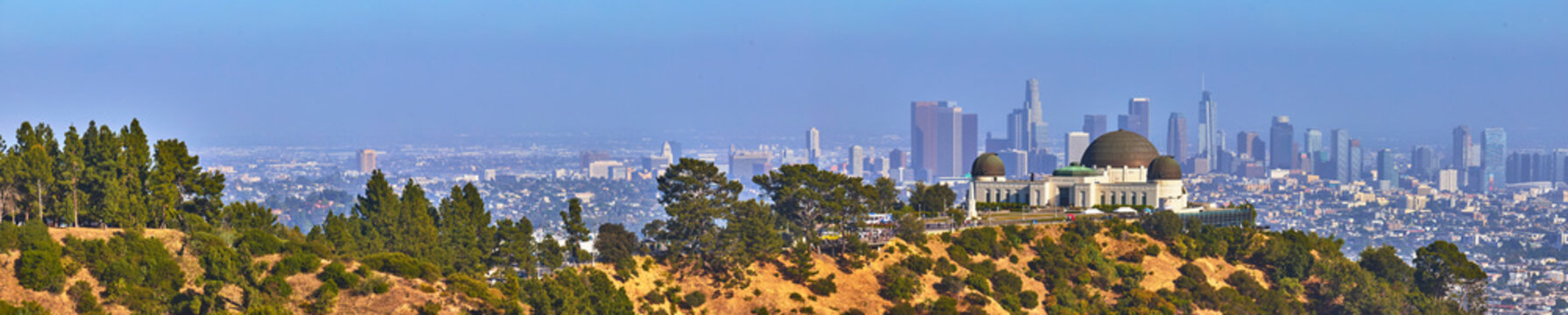 Griffith Observatory and Downtown Los Angeles Skyline Panorama with Griffith Park Hills