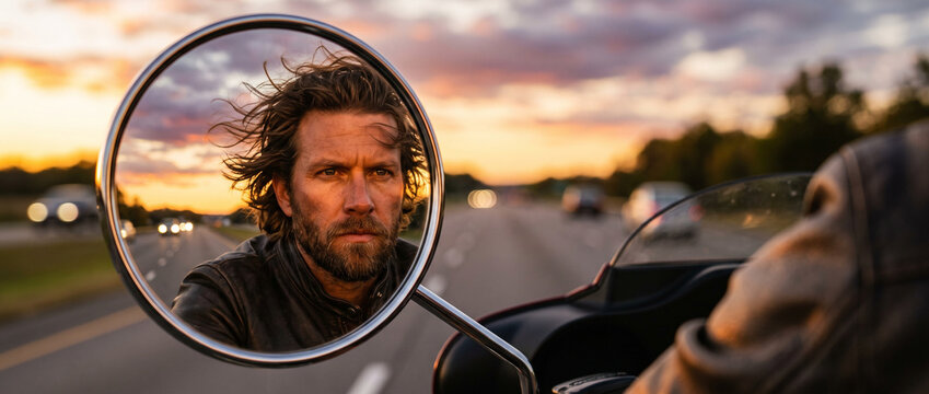 Bearded man riding a motorcycle at sunset reflected in the side mirror. Open road travel, biker lifestyle, freedom, focus, and adventure concept.