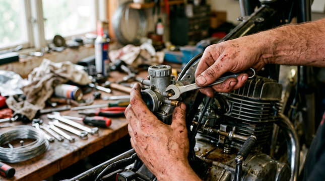 Mechanic adjusting a motorcycle carburetor with a wrench in a busy garage workshop. Skilled repair, engine maintenance, custom fabrication, and biker lifestyle concept.