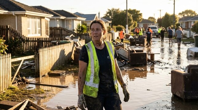 Middle aged woman wearing high visibility vest, flood damaged residential street, mud and debris surrounding houses, disaster recovery effort