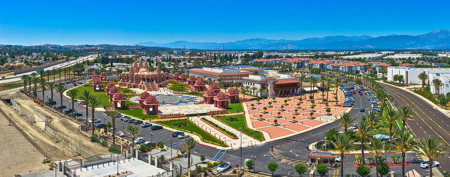 Aerial Panorama BAPS Shri Swaminarayan Mandir California Temple Grounds and Cityscape