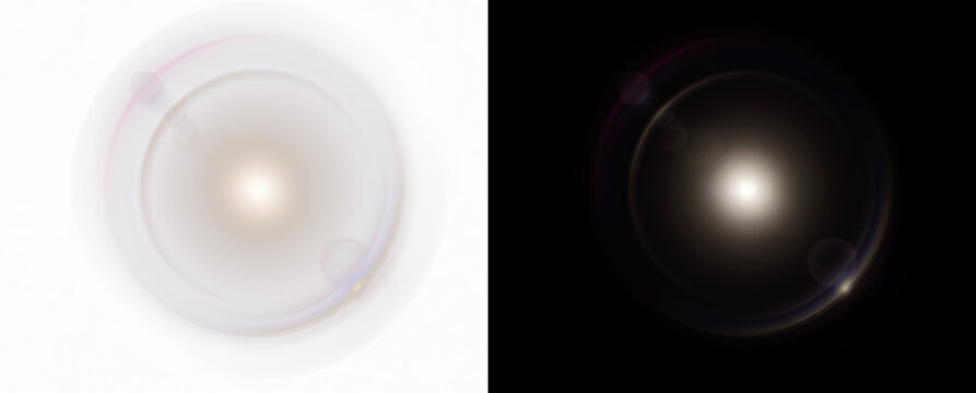 Realistic lens flare effect with circular light glow and soft optical artifacts, isolated on black background for easy compositing, glowing overlay element for digital photography, video editing