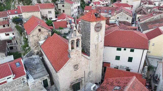 Omis Church Tower And Clock In Historic Old Town, Croatia