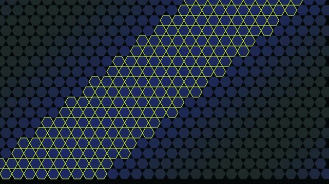 Abstract dark background with glowing neon green hexagon geometric pattern and blue lighting effects