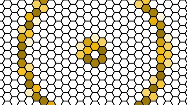Abstract geometric pattern with yellow and brown hexagon shapes forming circles and lines on a grid structure