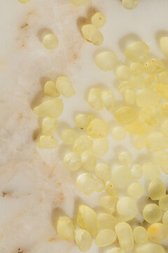 close up of Mastic, plant resin on white marble