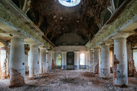 Interior of old ruined palace or temple with columns