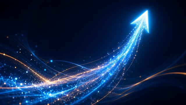 Technological advancement and rapid digital growth concept with glowing blue fiber optic energy arrow accelerating upwards