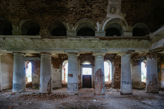 Interior of old ruined palace or temple with columns