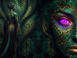 Fototapeta premium Green scaled serpent woman in a gold filigree gown, glowing purple reptile eye - dark fantasy priestess illustration