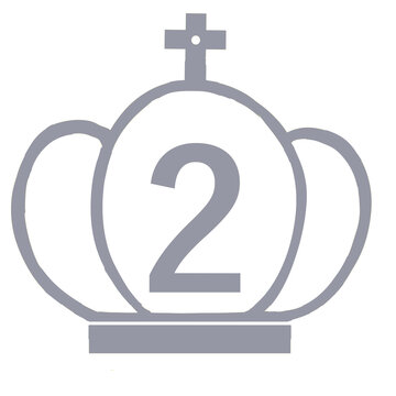 Silver crown number two illustration. Hand drawn outlined royal crown with a cross and the number 2 isolated on white background.