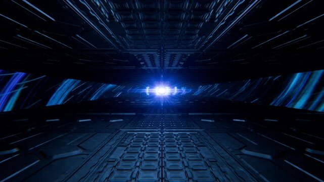Blue light swirls through a futuristic tunnel. Metal floor leads toward a glowing exit. Speed blurs motion around the tunnel walls. Cool tones dominate this sci-fi journey