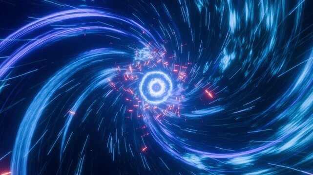 Vibrant blue light swirls toward a brilliant core. Speeding particles dance in spiraling motion. Deep cosmic vortex pulses with electric energy. Ideal for futuristic or sci-fi themed projects