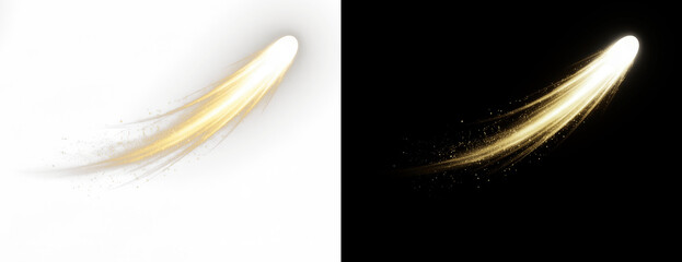 Golden light trail with glowing particles and lens flare, dynamic sparkling comet effect on black background for digital art, motion graphics, magic overlays and professional visual branding © PNG