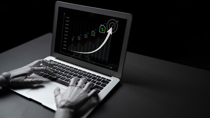 Fototapeta premium A robotic hand operates a laptop showing data graphs and growth trends, symbolizing the rise of technology and automation in business analytics and decision-making. Cyphers