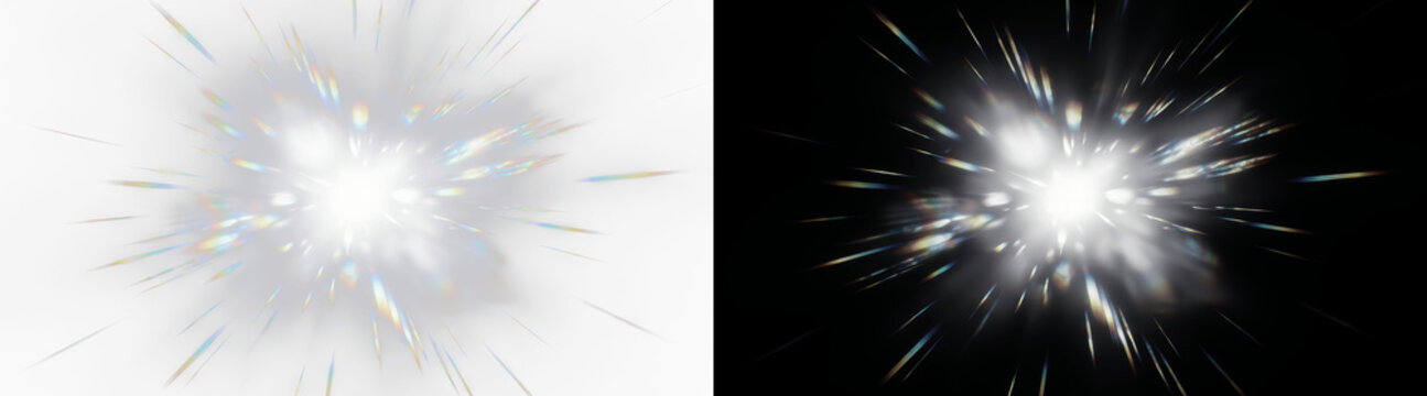 Abstract lens flare overlay with vibrant light streaks and glowing radial sparks, isolated on black background for cinematic lighting effects, creative digital compositing and graphic design