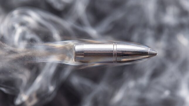 Metallic bullet flying through air creating smoke trail motion effect