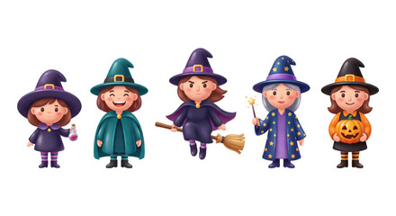 Set of cute cartoon witches and wizards, isolated on transparent background