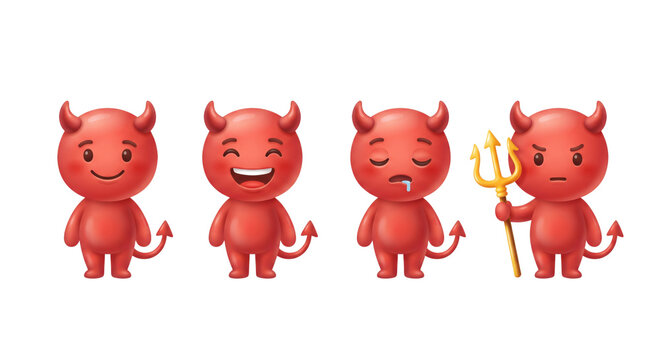 Cute red devil character set with pitchfork