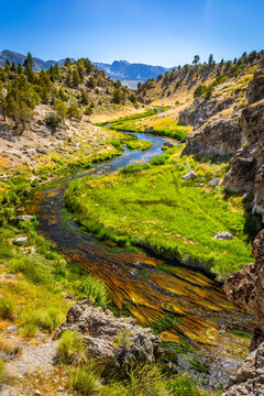 Hot Creek winds through rocky canyon at scenic site