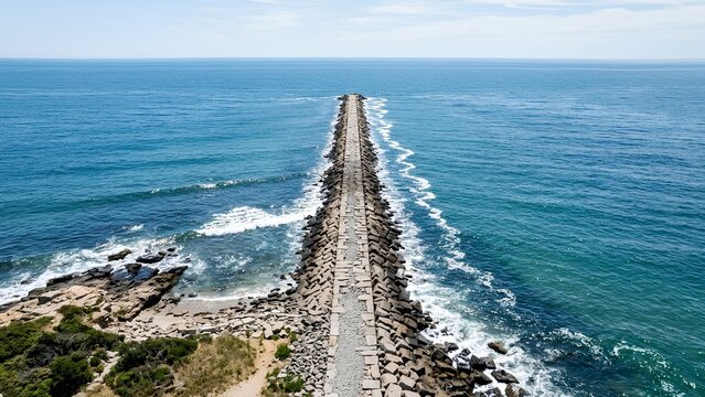 Long stone breakwater extending into the deep blue ocean on a bright sunny day.