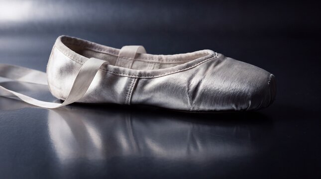 Single white ballet pointe shoe resting on a reflective dark surface