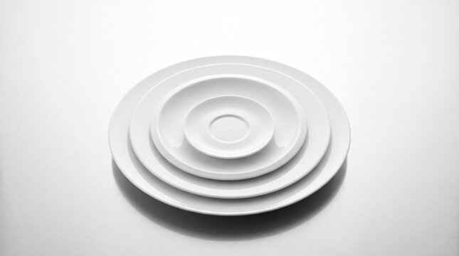 Stack of four white ceramic plates arranged in concentric circles on table