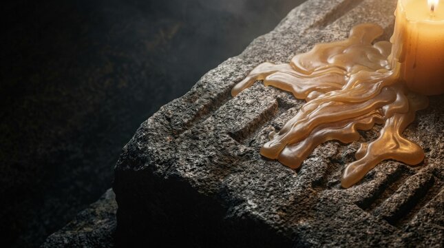 All Saints' Day Permanence: Melted Amber Candle Wax Pooling on Weathered Granite Stone