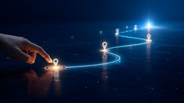 Hand touching a glowing digital location pin connecting a route map of light leading to a destination on dark futuristic surface