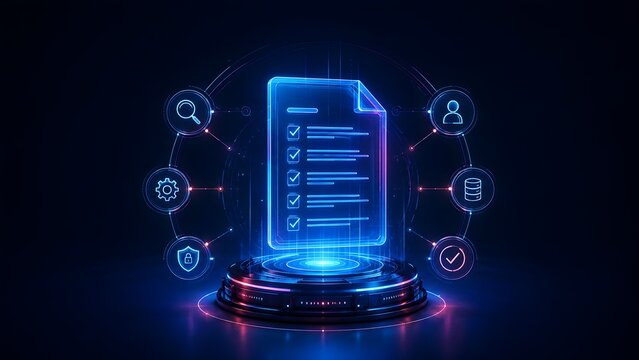 Futuristic glowing digital checklist document surrounded by management and security icons on high-tech platform representing system audit