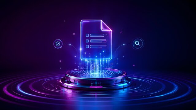Floating glowing digital document checklist above cybernetic platform with security shield and search icons in futuristic neon space