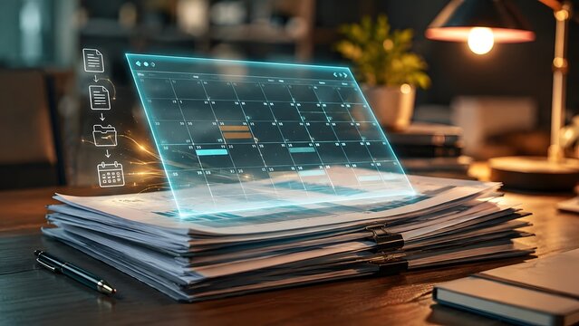 Holographic digital calendar and document workflow interface projecting from a stack of paperwork on a wooden desk in a warm office