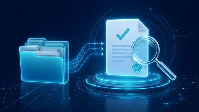 Glowing blue digital folder transferring data to a verified document with magnifying glass icon on futuristic cyber platform