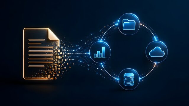 Glowing digital document transforming into data particles flowing into a circular cyber network of cloud analytics and database icons