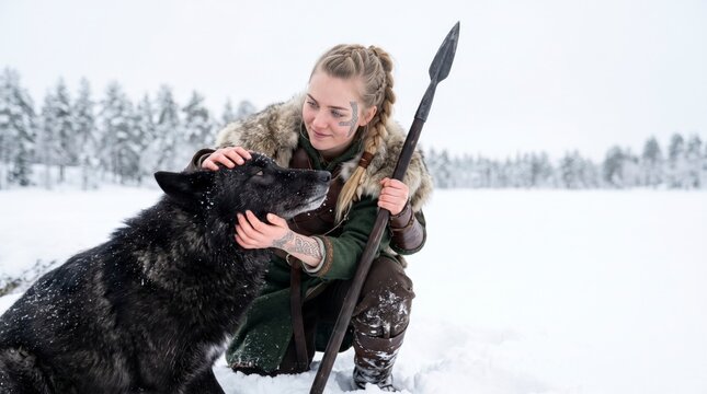 Viking woman with spear petting a black dog in a snowy winter landscape