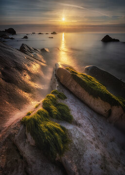 View of Sassi Neri beach at sunrise, with moss-covered rocks in the foreground and golden light reflecting on the calm sea in Sirolo, Marche, Italy.