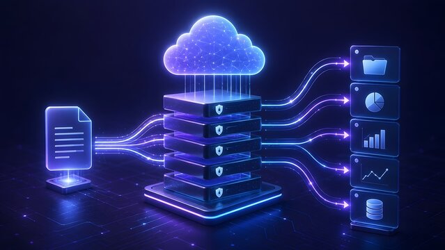 Secure Cloud Server Stack Processing Digital Document And Distributing Data To Folders In Glowing Neon Network
