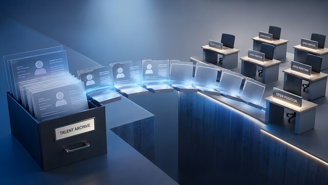 Digital Profile Folders Flying From Talent Archive To Empty Desks With Open Position Signs Recruitment Concept