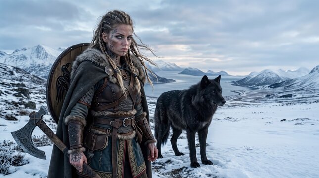 Viking shieldmaiden warrior with black wolf in snowy mountain landscape at winter