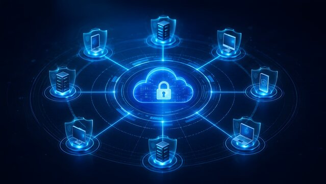 Secure Cloud Computing Network Connected To Protected Devices And Servers With Glowing Cyber Shields