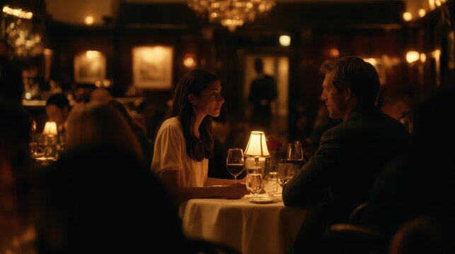 Romantic couple having a fine dining date in an upscale dimly lit restaurant